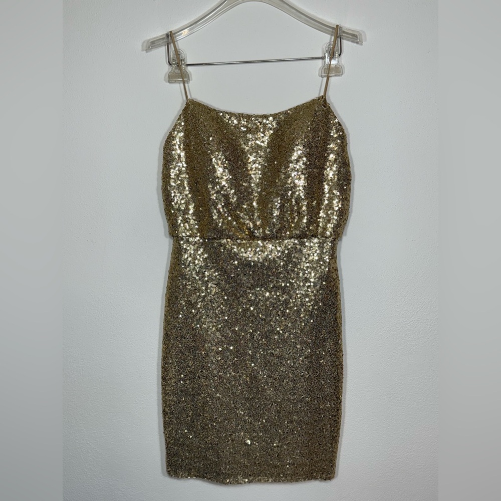 Christina Wu Sparkling Gold Sequin Dress Spaghetti Strap Cocktail Formal Size 8